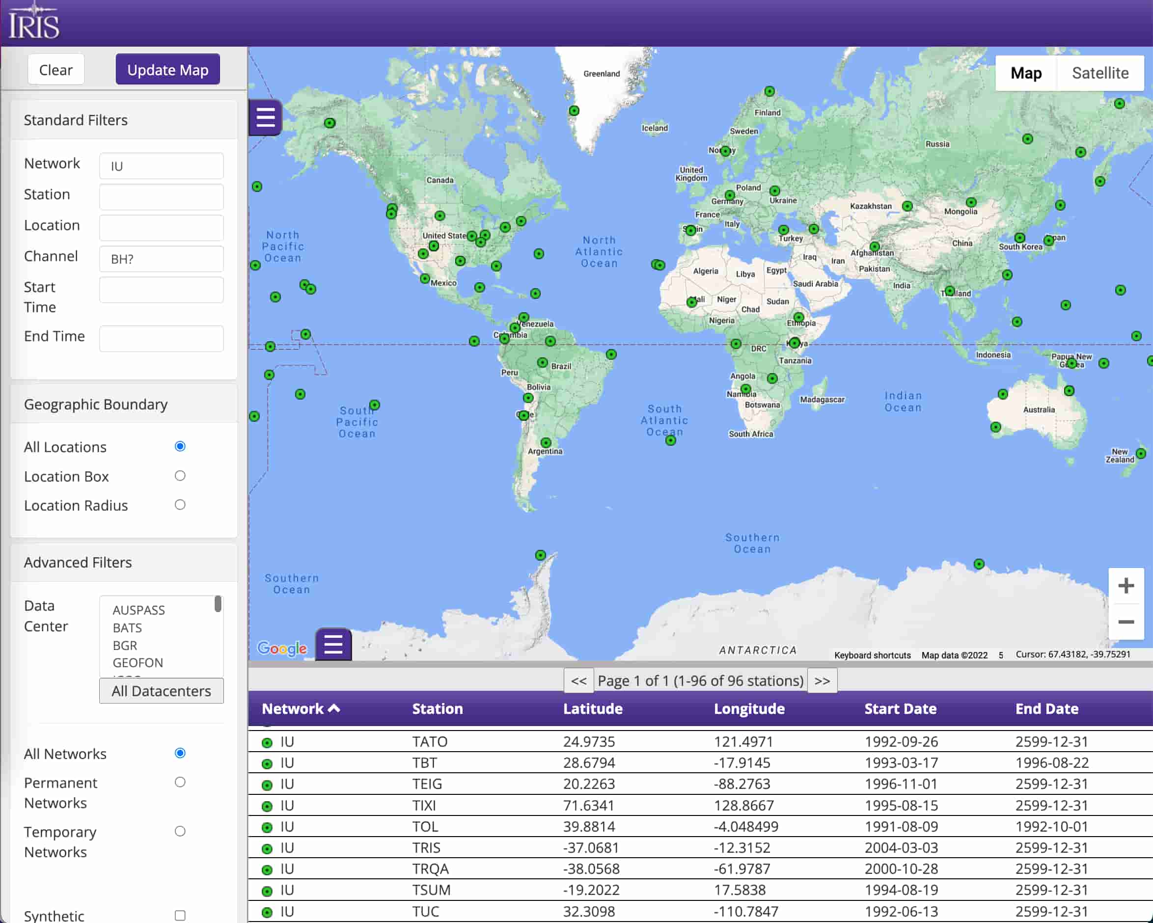 "EarthScope SAGE GMAP 显示 IU 台网的宽频带台站"